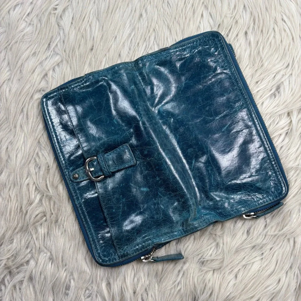 Tano Teal Distressed Leather Boi-Fold Wallet Clutch Card Organizer Boho Artsy